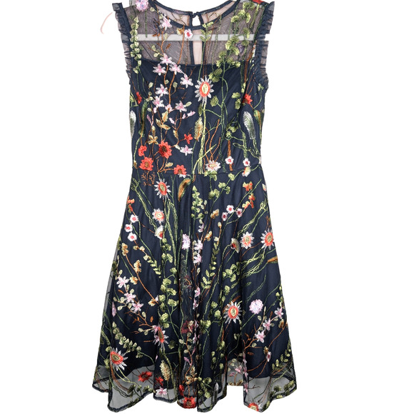 Morgan & Co Navy Lace Floral Embroidered Illusion Garden Fairy Short Formal Gown - Picture 8 of 16